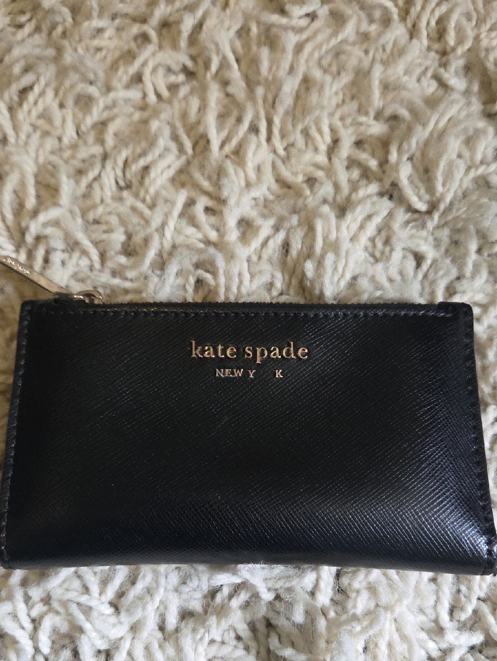 kate spade Black Leather Zip Card Case with Gold Logo